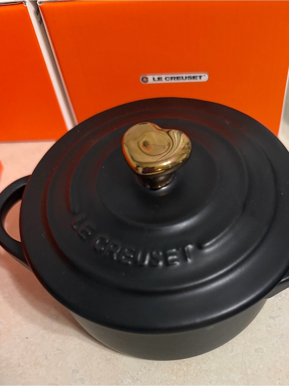 Le Creuset Black Mini Coccottes with Gold Heart Knob Set of 4 New in box